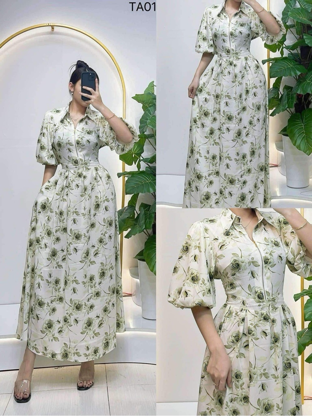 Women's Floral Maxi Shirt Dress in Green and White